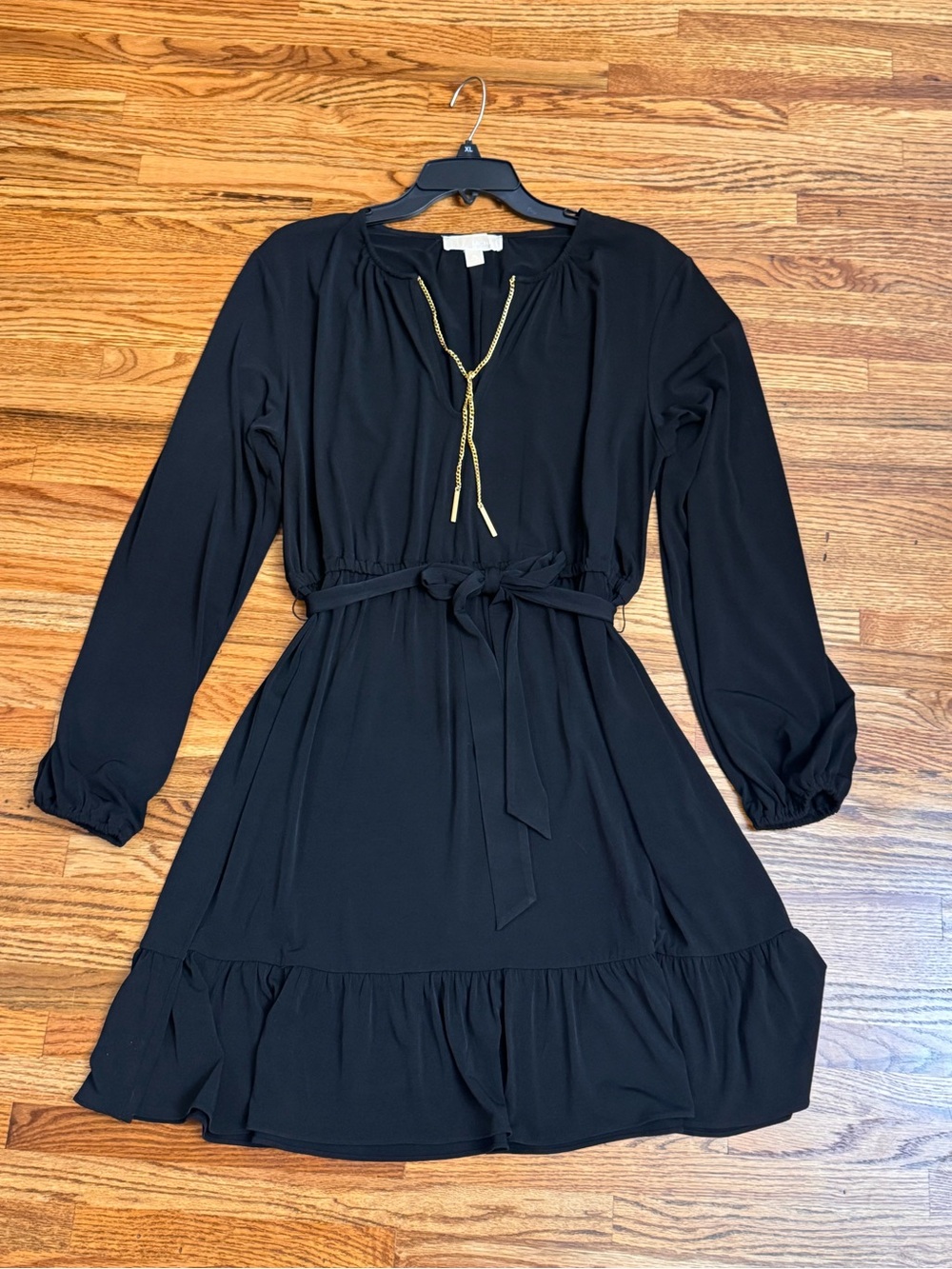 MICHAEL Michael Kors Black Long-Sleeve Tie-Waist Dress with Gold Tassel Accents